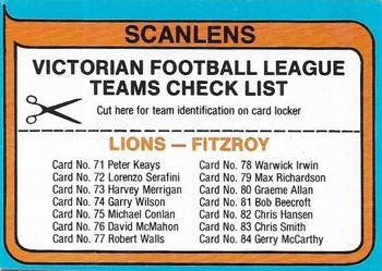 1980 Scanlens VFL #NNO Fitzroy Checklist Front